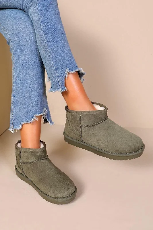 women’s fashionable loafers for casual days -GREEN FAUX SUEDE ULTRA MINI COZY SNOW ANKLE BOOTS