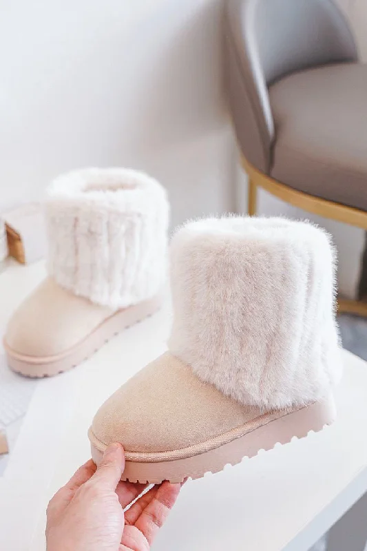 women’s stylish ankle boots for winter -KIDS FOLDED OVER FLUFFY FAUX FUR LINING ANKLE BOOTS IN BEIGE 31-36 SIZES