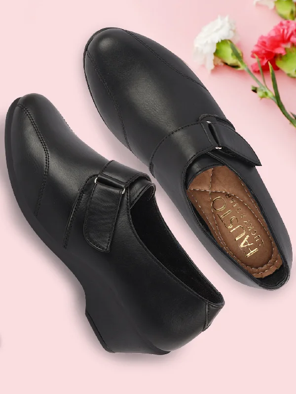 chic boots for women’s autumn style -Women Black Outdoor Fashion Hook and Loop Platform Heel Slip On Shoes