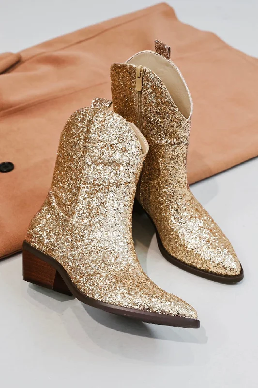 trendy shoes for women’s weekend looks -GOLD GLITTER ANKLE HIGH WESTERN COWGIRL COWBOY BOOTS