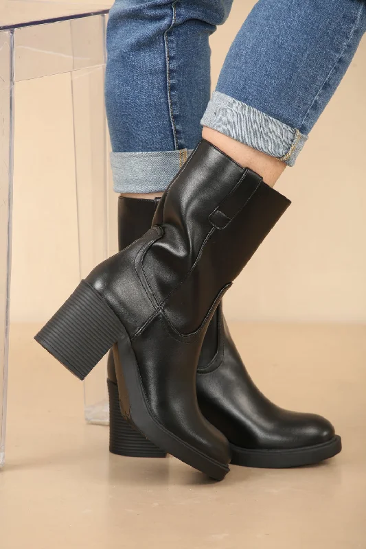 trendy ankle boots for women’s fall looks -BLACK MID CALF ANKLE BOOT