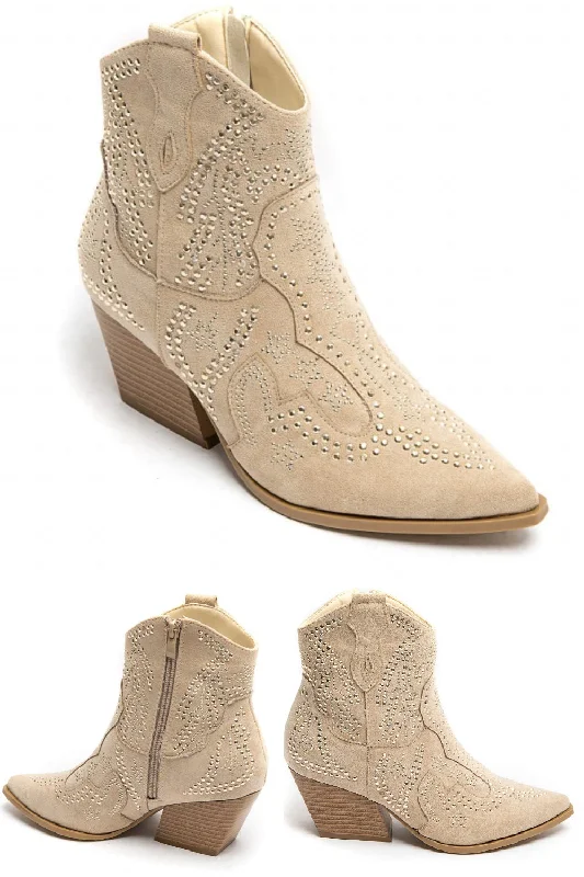 trendy flats for women’s day-to-night wear -BEIGE EMBELLISHED ANKLE LENGTH WESTERN COWBOY BOOTS