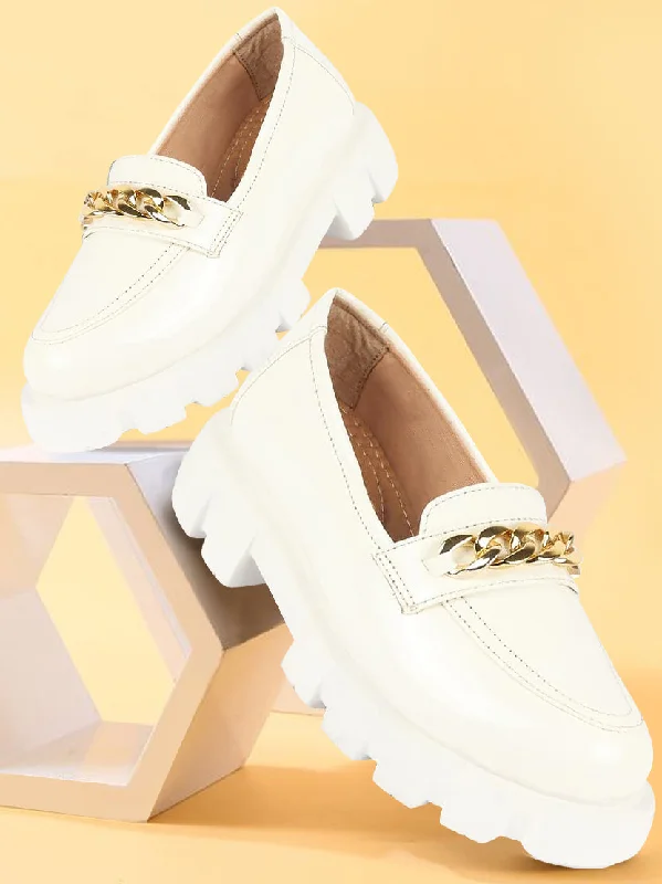 women’s high heels for dinner parties -Women White Patent Leather Shiny Chain Buckle Classic Casual Slip On Loafer Shoes