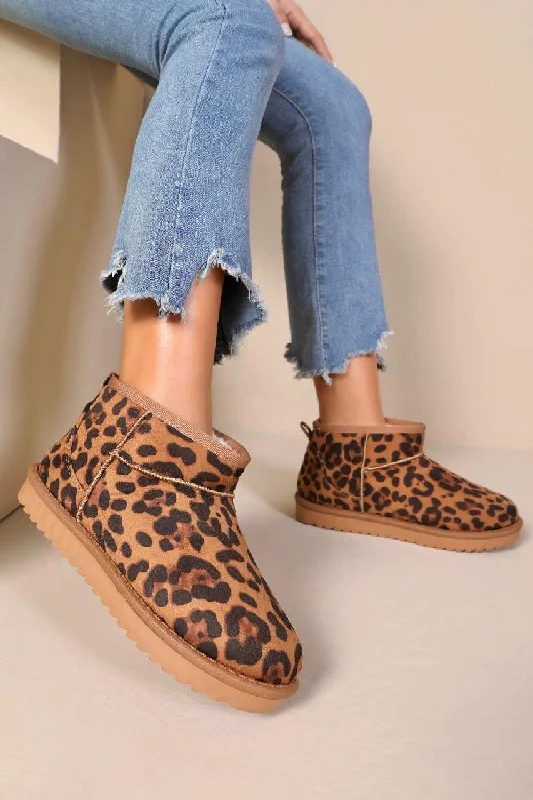 women’s stylish sneakers for streetwear -LEOPARD FAUX SUEDE ULTRA MINI COZY SNOW ANKLE BOOTS