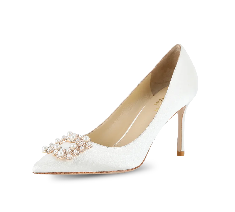 trendy shoes for women’s summer adventures -Crystal Pearl Buckled Satin Pumps