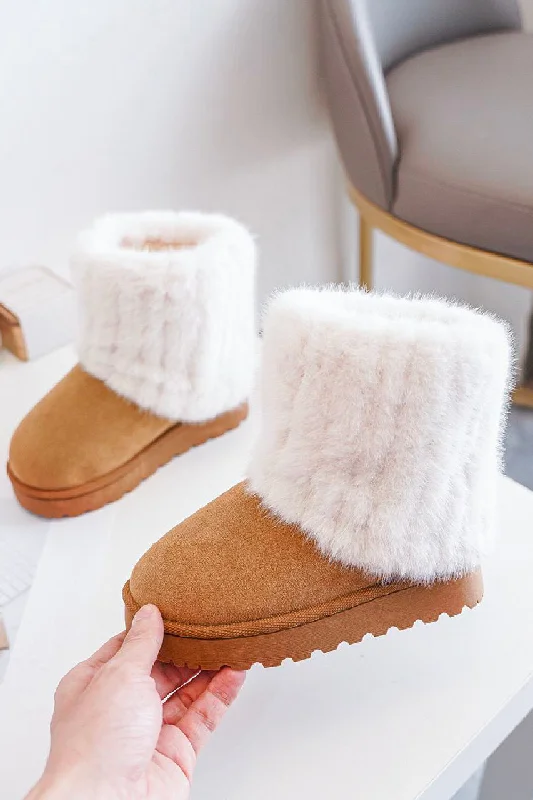 women’s trendy sneakers for summer days -KIDS FOLDED OVER FLUFFY FAUX FUR LINING ANKLE BOOTS IN CAMEL 25-30 SIZES