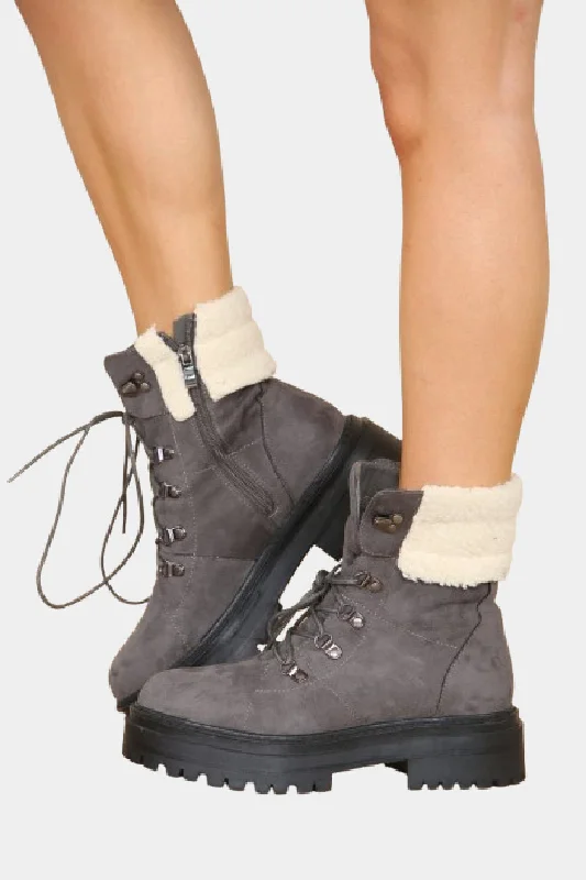 women’s fashion-forward boots for winter style -Grey Suede Fur Collar Lace up Ankle Boots