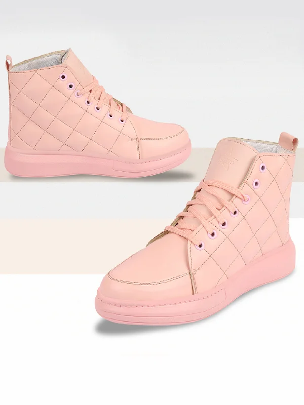 chic boots for women’s autumn style -Women Pink High Ankle Top Wedge Heels Stitched Design Lace Up Sneakers Shoes