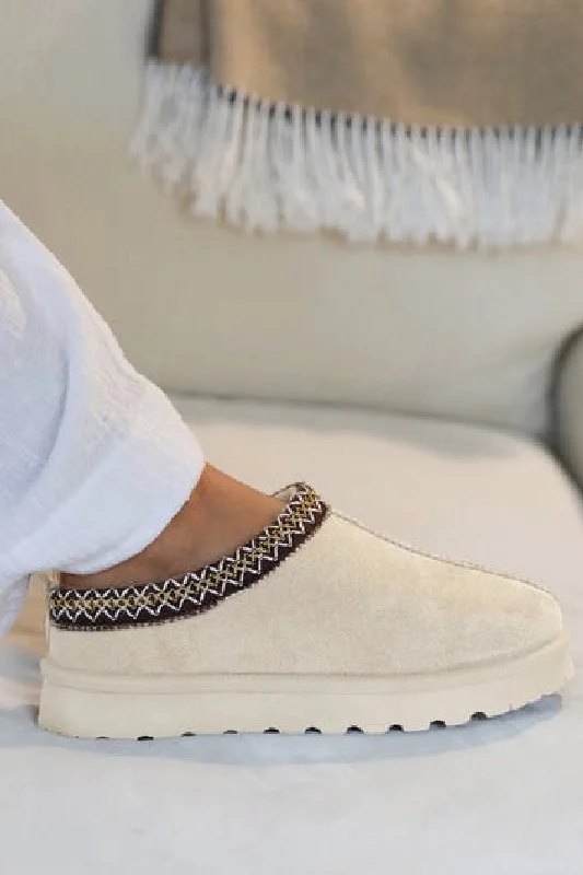 women’s fashion-forward boots for winter style -CREAM FAUX SUEDE EMBROIDERED COZY SLIPPER BOOTS