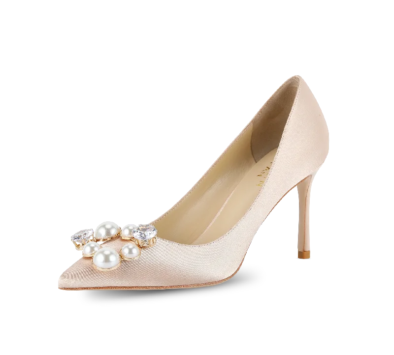 comfortable slip-on sandals for summer -Pearl Buckle Satin Pumps