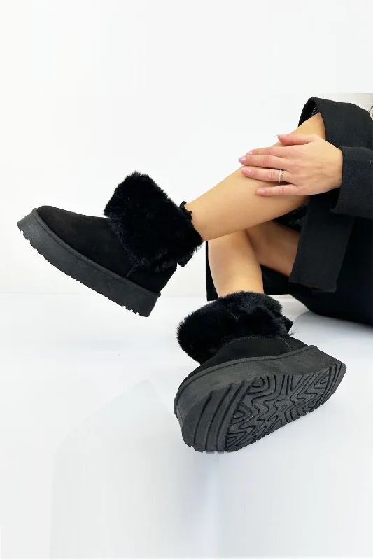 women’s comfortable sandals for summer vacations -BLACK FAUX FUR LINED CHUNKY PLATFORM BOW DETAIL FUR COLLAR ANKLE BOOTS