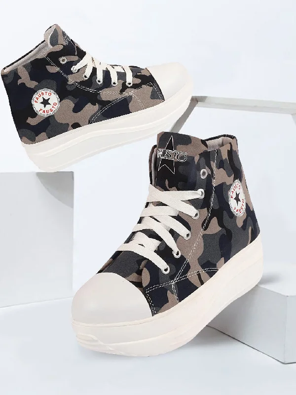 luxury sandals for women’s summer evenings -Women Navy Blue High Ankle Top Wedge Heels Camouflage Print Canvas Lace Up Sneakers Shoes