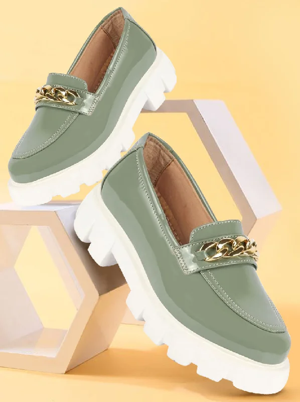 women’s leather boots for winter style -Women Pista Green Patent Leather Shiny Chain Buckle Classic Casual Slip On Loafer Shoes