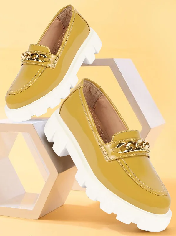 women’s chic flats for sophisticated outfits -Women Mustard Patent Leather Shiny Chain Buckle Classic Casual Slip On Loafer Shoes