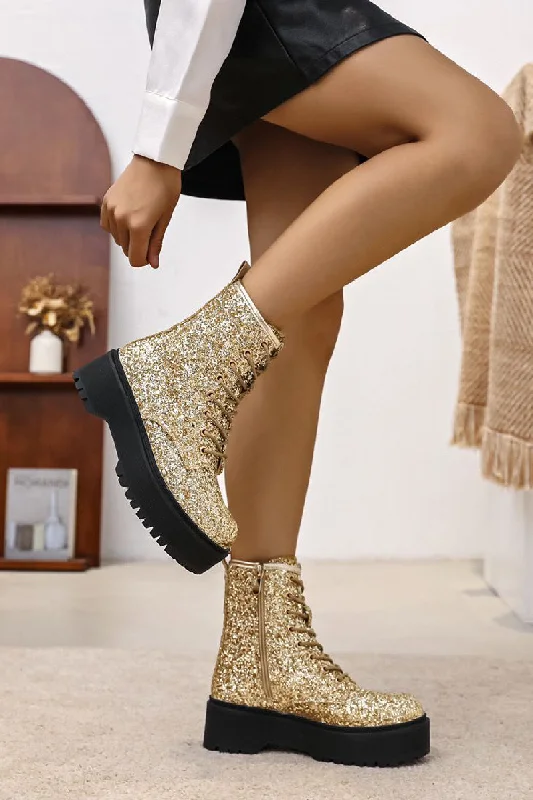 women’s classic flats for everyday wear -GOLD GLITTER LACE UP PLATFORM ANKLE BOOTS