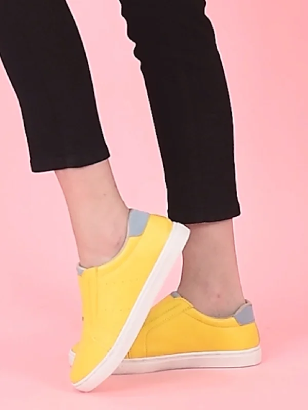 women’s fashionable loafers for casual days -Women Yellow Elastic Closure Stitched Comfort Slip On Sneaker Shoes