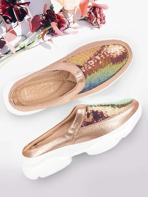 comfortable shoes for women’s day-to-night wear -Women Golden Back Open Embellished Slip On Mules