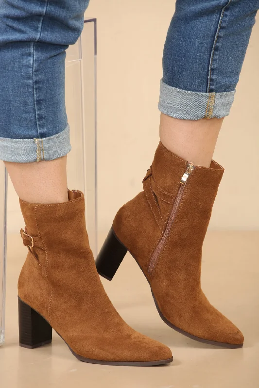 stylish shoes for women’s fashion-forward looks -Cognac Suede Block Heel Boot With Buckle Detail