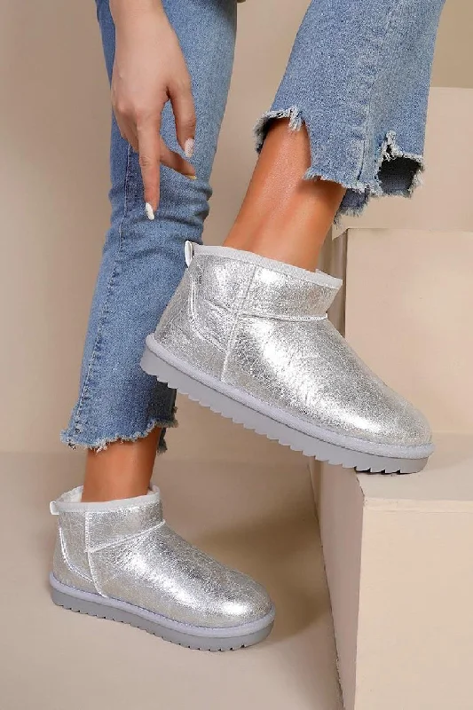 women’s trendy boots for spring fashion -SILVER FAUX SUEDE ULTRA MINI COZY SNOW ANKLE BOOTS