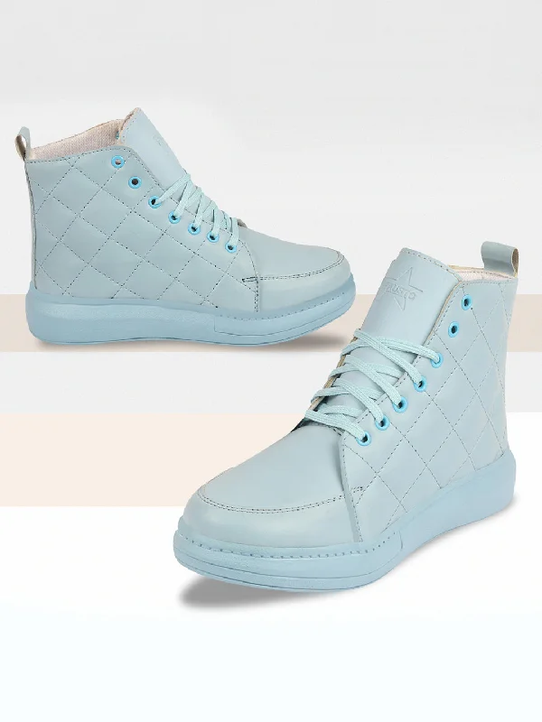 stylish leather shoes for women’s casual wear -Women Sky Blue High Ankle Top Wedge Heels Stitched Design Lace Up Sneakers Shoes