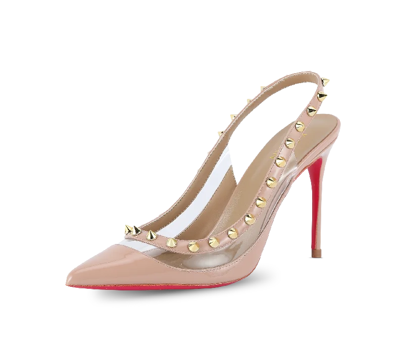 comfortable shoes for women’s day-to-night wear -Spiky PVC Slingback Pink Sole Pumps