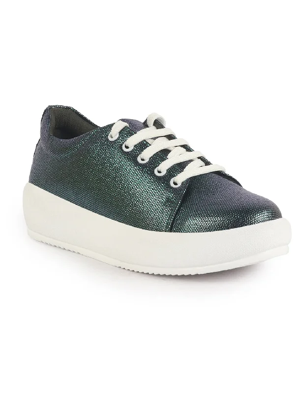 stylish pumps for women’s office outfits -Women Green Lightweight Height Enhancer Shiny Chunky Lace-Up Sneakers|Memory Cushion Insole|Evening Party Shoe