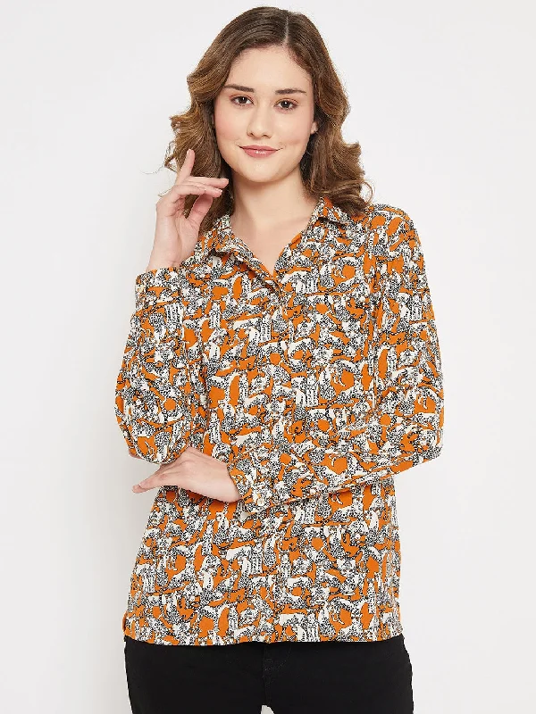 women’s classic blouses for everyday wear -Women's Casual  Orange Animal Print Spread Collar Tunic