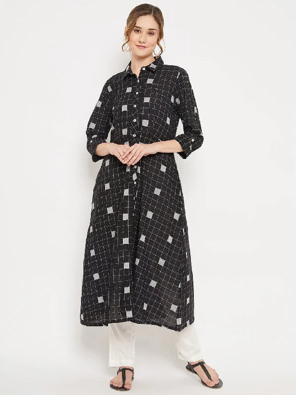 women’s flattering dresses for evening parties -Women's Casual Spread Collar Black Checks Calf Length Kurti