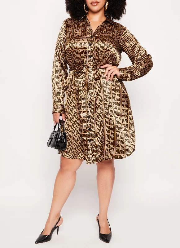 casual jackets for women’s street style -Plus Size Greek Key Button Front Shirt Dress