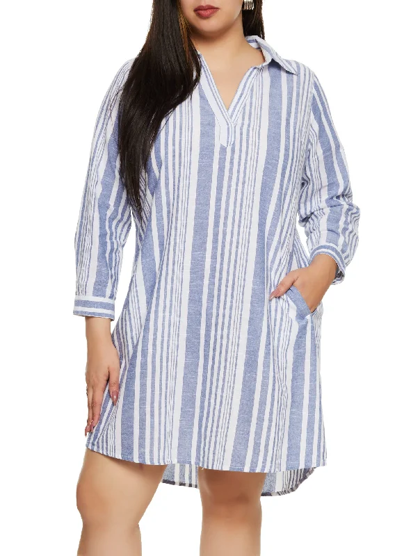 stylish women’s dresses for spring parties -Plus Size Striped Linen Shirt Dress