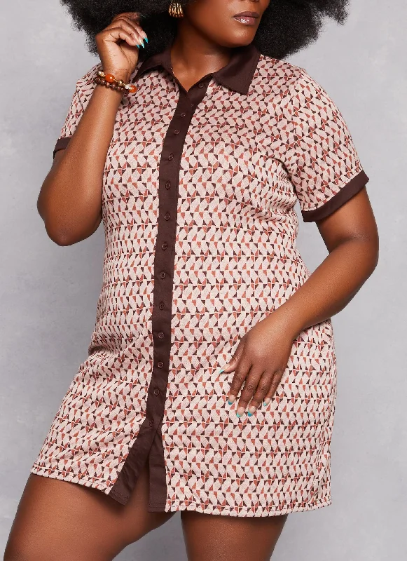 women’s fashionable loungewear for weekends -Plus Size Geometric Patterned Shirt Dress