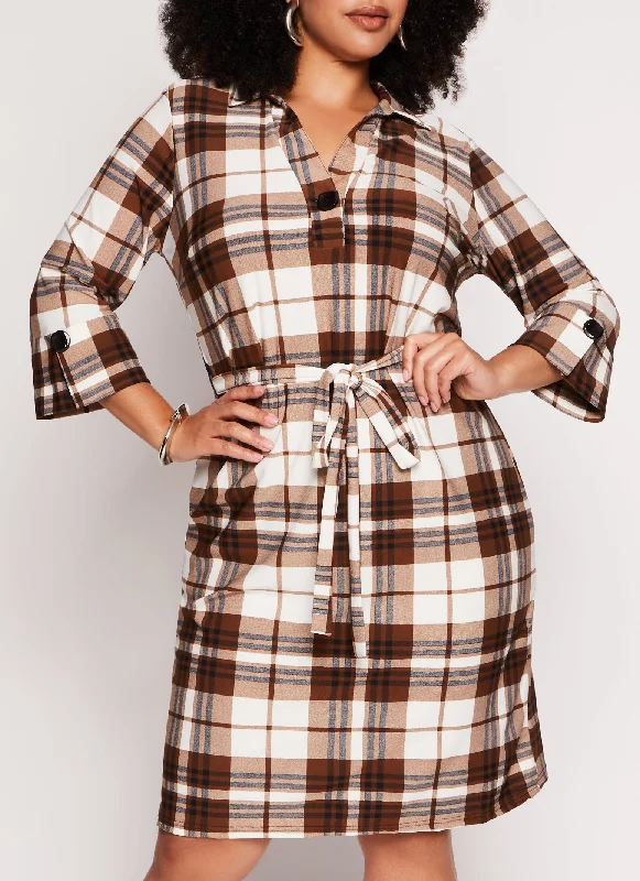 women’s versatile skirts for multiple occasions -Plus Size Crepe Knit Plaid Shirt Dress