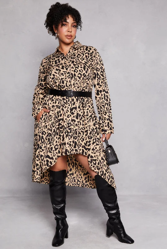 cozy women’s sweaters for chilly days -Plus Size Animal Print Button Front Shirt Dress