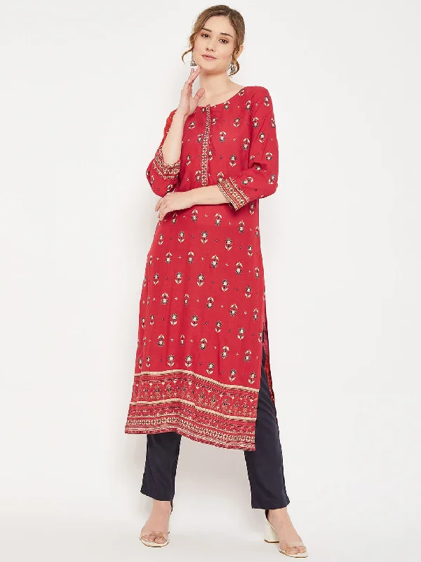 comfortable women’s sweaters for fall weather -Women's Casual Round neck Red All over Printed Calf length Kurti