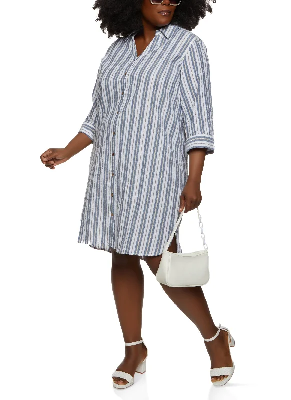 chic women’s tops for casual weekends -Plus Size Stripe Button Front Shirt Dress