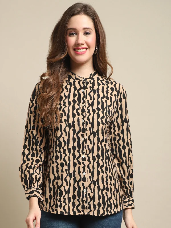 fashionable sweaters for women’s cold weather -Women's Casual  Brown Abstract Print Mandarin Collar Tunic