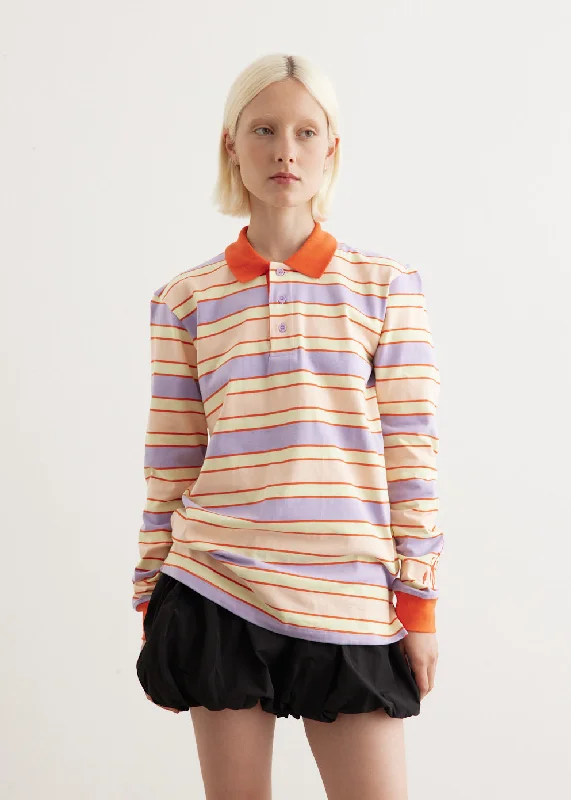 women’s dresses with vintage style -Striped Contrast Trim Long Sleeve Polo Top