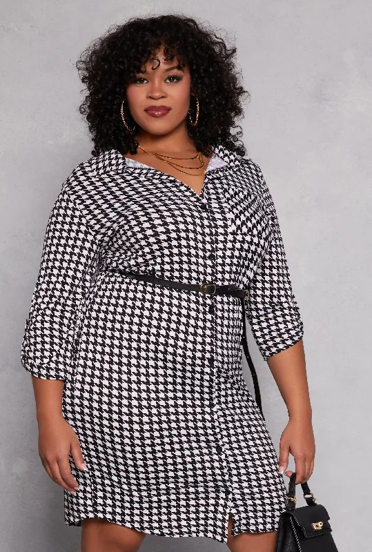 casual dresses for women’s vacation outfits -Plus Size Houndstooth Belted Shirt Dress