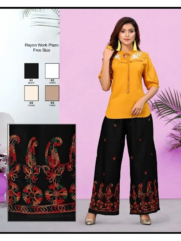 women’s chic shirts for casual work wear -Rayon Work Palazzo With Embroidery Black