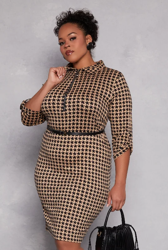 women’s chic shirts for casual work wear -Plus Size Houndstooth Half Zip Midi Dress