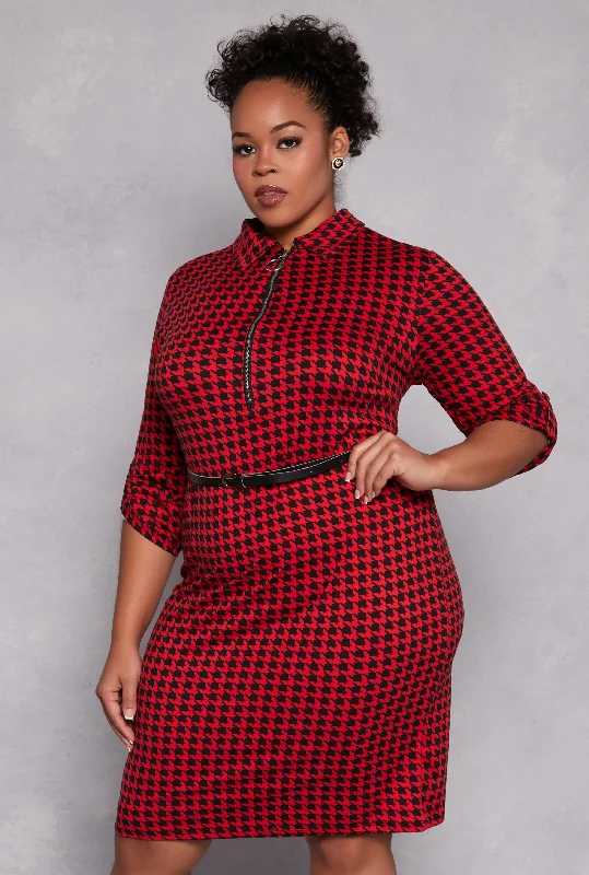 cozy women’s coats for cold winter days -Plus Size Houndstooth Half Zip Midi Dress