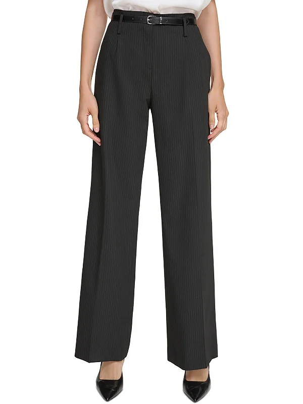 sophisticated women’s pantsuits for business wear -Petites Womens Pinstripe Office Wide Leg Pants