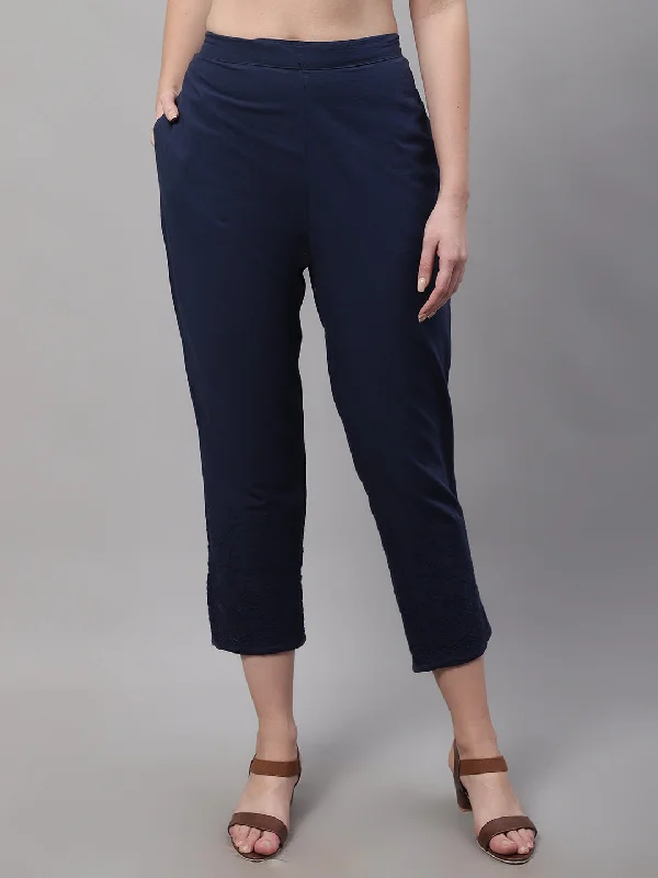 cozy women’s sweaters for chilly days -Women's Casual Regular Fit Navy Blue Flat Front Mid rise Ethnic Pant