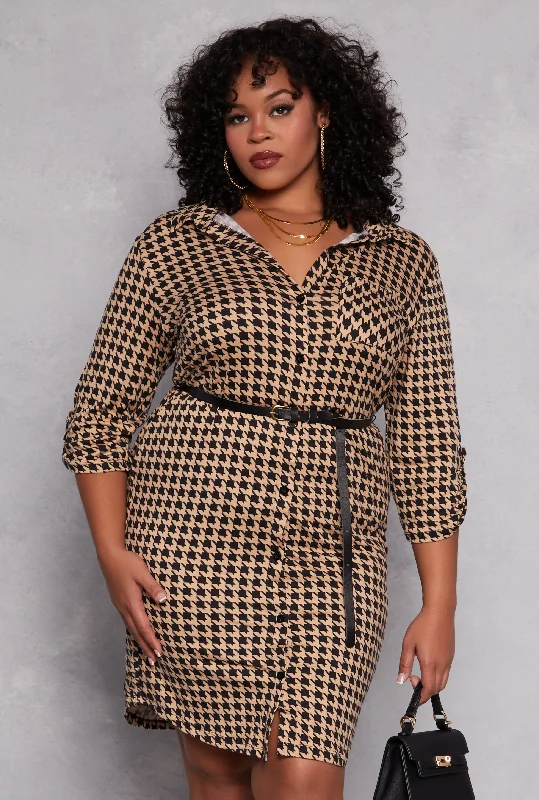 chic dresses for women’s beach vacations -Plus Size Houndstooth Belted Shirt Dress