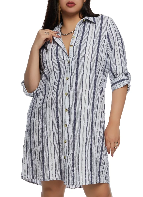 sophisticated women’s pantsuits for business wear -Plus Size Striped Button Down Shirt Dress