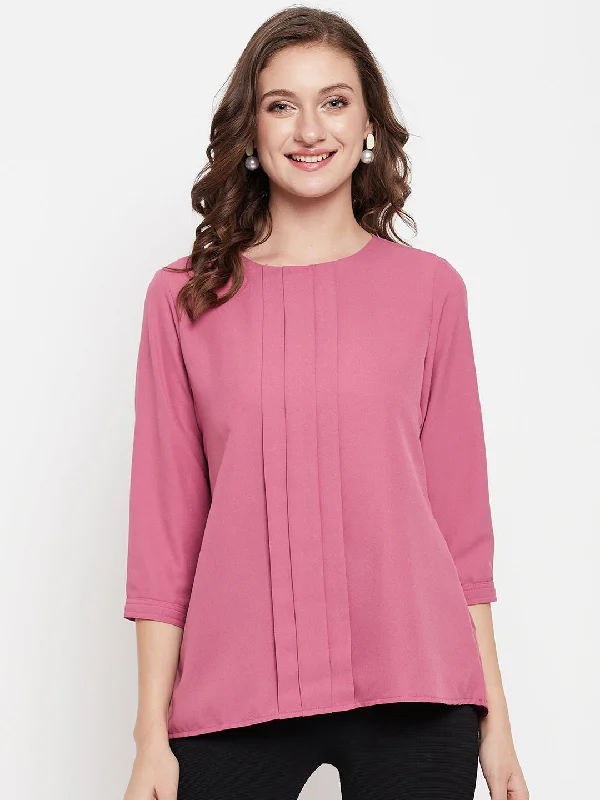 women’s formal dresses for corporate events -Women's Casual  Pink Solid Round neck Top