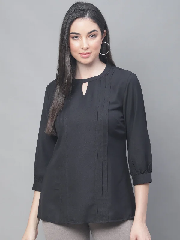 women’s relaxed pants for weekend looks -Women's Casual  Black Solid Round neck with Keyhole Tunic