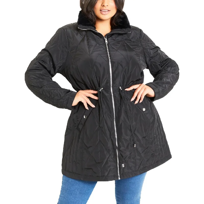 fashionable women’s pants for office wear -Evans Womens Faux Fur Trim Quilted Puffer Jacket