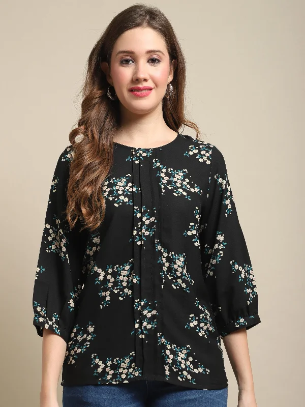 stylish women’s skirts for work and play -Women's Casual  Black Floral Print Round neck   Tunic