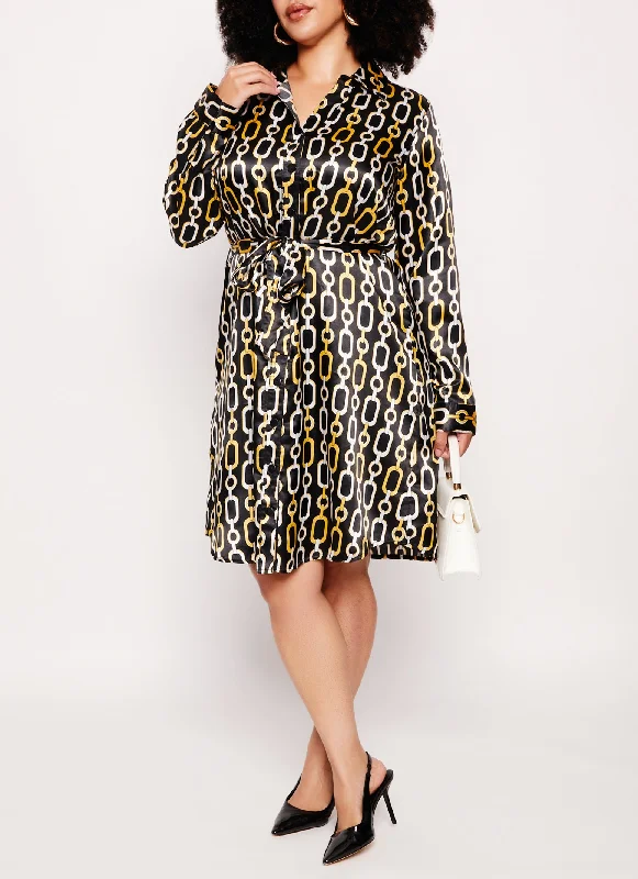 women’s classic blouses for everyday wear -Plus Size Satin Chain Print Button Front Shirt Dress